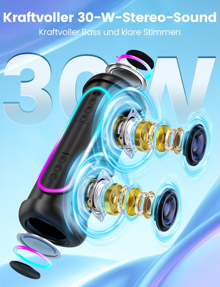 Bluetooth Lautsprecher 30W Dual-Lautsprecher Kräftiger Bass Bluetooth 5.4 IPX5 Wasserdicht 30 Stunde