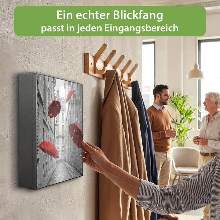 banjado® Grosser Schlüsselkasten Glas/Schlüsselbox 30cm x 30cm mit 50 Haken - Motiv Rote Schirme/Sch