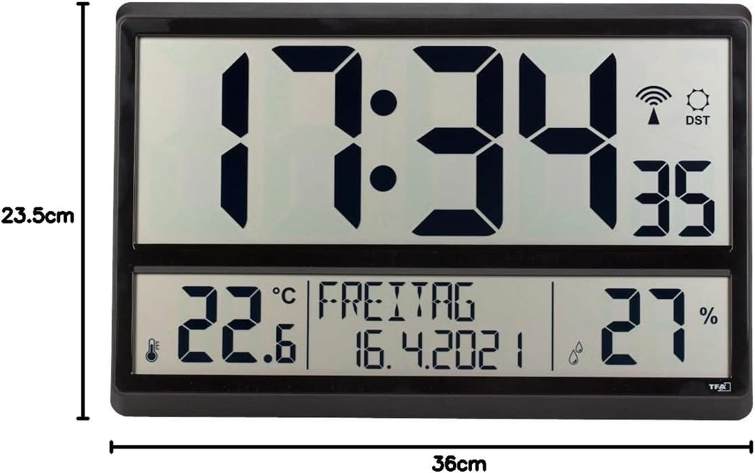 TFA Dostmann 60.4520.01 Digitale XL-Funkuhr Wanduhr mit Innentemperatur, Datum und Wochentag (schwar