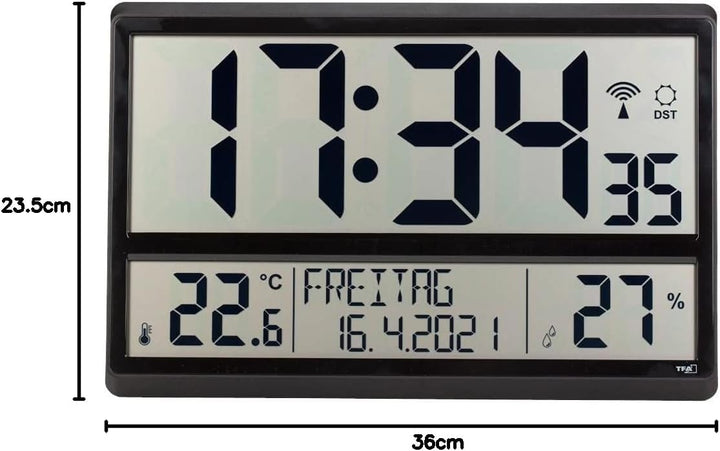 TFA Dostmann 60.4520.01 Digitale XL-Funkuhr Wanduhr mit Innentemperatur, Datum und Wochentag (schwar