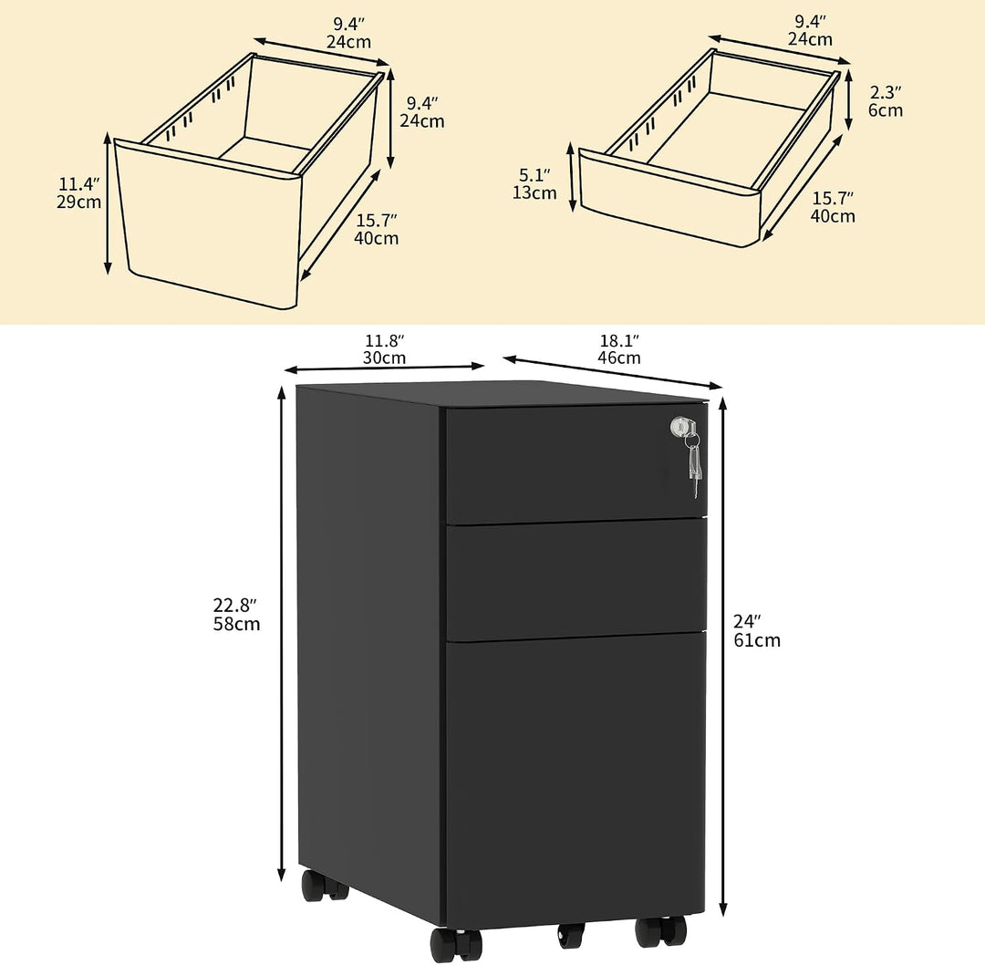DWVO 3 verschliessbare Schubladen Metall Aktenschrank, Mobile Aktenschrank für Home Office, Unter Sc