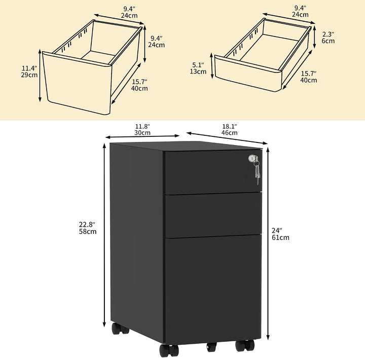 DWVO 3 verschliessbare Schubladen Metall Aktenschrank, Mobile Aktenschrank für Home Office, Unter Sc