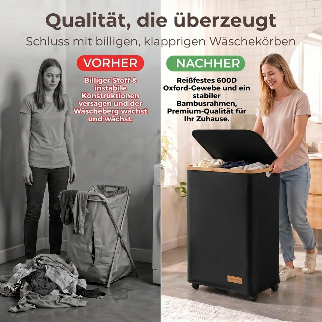 HomyFeel - Wäschekorb 3 Fächer rollbar, 160L Wäschesammler mit Deckel, Wäschesortierer gross, Oxford