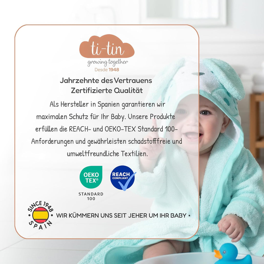 Ti TIN Kinder‑Bademantel mit Kapuze und Hasenohren – 100% Baumwolle, weich & saugfähi, Grösse 6–12 M