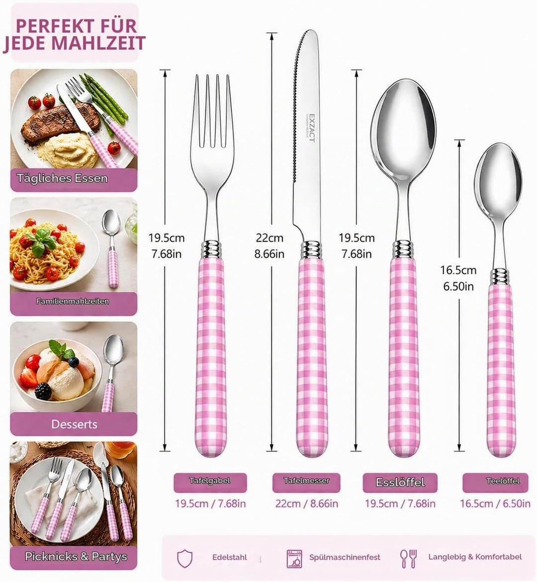 EXZACT Edelstahl-Besteck Set 24 Stück - 6 x Tafelgabeln, 6 x Tafelmesser, 6 x Abendessen Löffel, 6 x