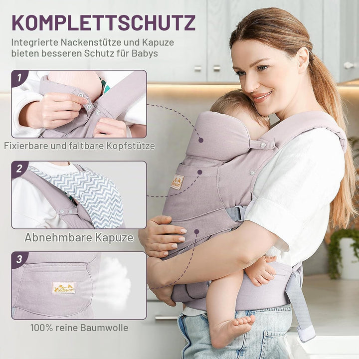 Viedouce Babytrage Neugeborene ab Geburt, Ergonomische Baby Trage Baumwolle Tragegurt mit Kopstütze