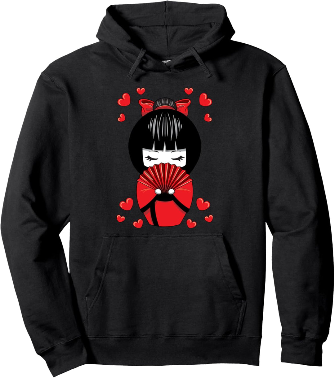 Kawaii Kokeshi Geisha Puppe mit Herzen Valentinstag Pullover Hoodie