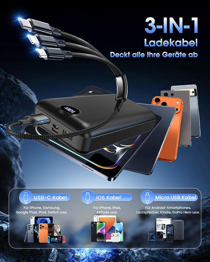 PowerBank 50000mAh grosse kapazität, 22,5W schnelles Aufladen externer Akku USB-C 3 Ausgänge und 2 E