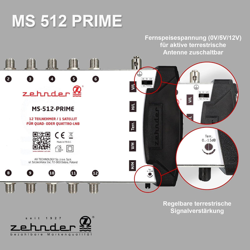 Zehnder 5/12 Multischalter 12 Teilnehmer 1 Satellit - Regelbare Terrestrik - Quattro und Quad LNB ge