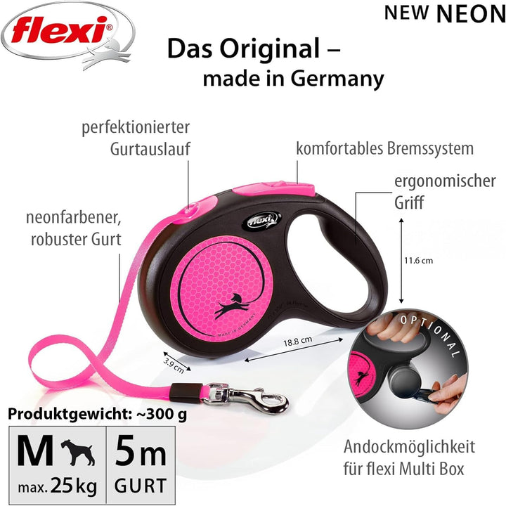 flexi® Neon M Gurt 5 m schwarz, neon-Pinker Gurt, reflektierende Seitenfläche, Roll-Leine für Hunde
