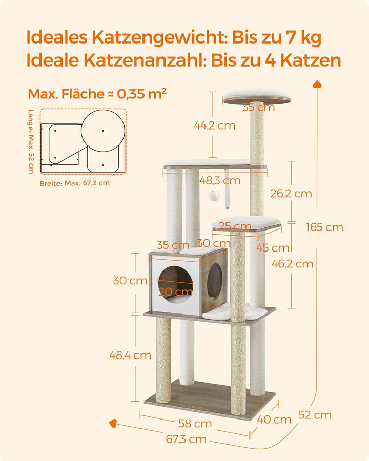 Feandrea Kratzbaum, 165 cm hoher moderner Katzenbaum, Katzenhaus mit 5 Kratzsäulen, waschbare abnehm