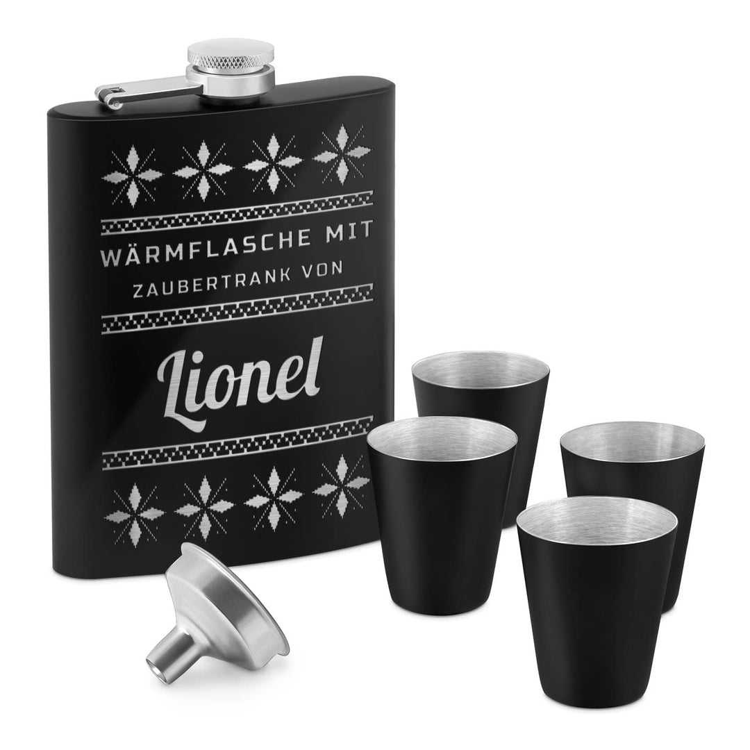 Maverton Flachmann Set 200 ml mit Gravur - Taschenflasche + 4 Schnapsgläsern 20 ml mit Trichter - Br