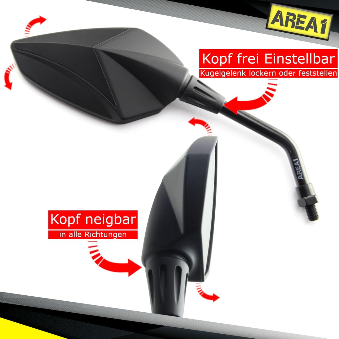 Area1 Universal Motorrad Rückspiegel Paar e-geprüft 2x M10 Rechtsgewinde + Linksgewindeadapter, komp
