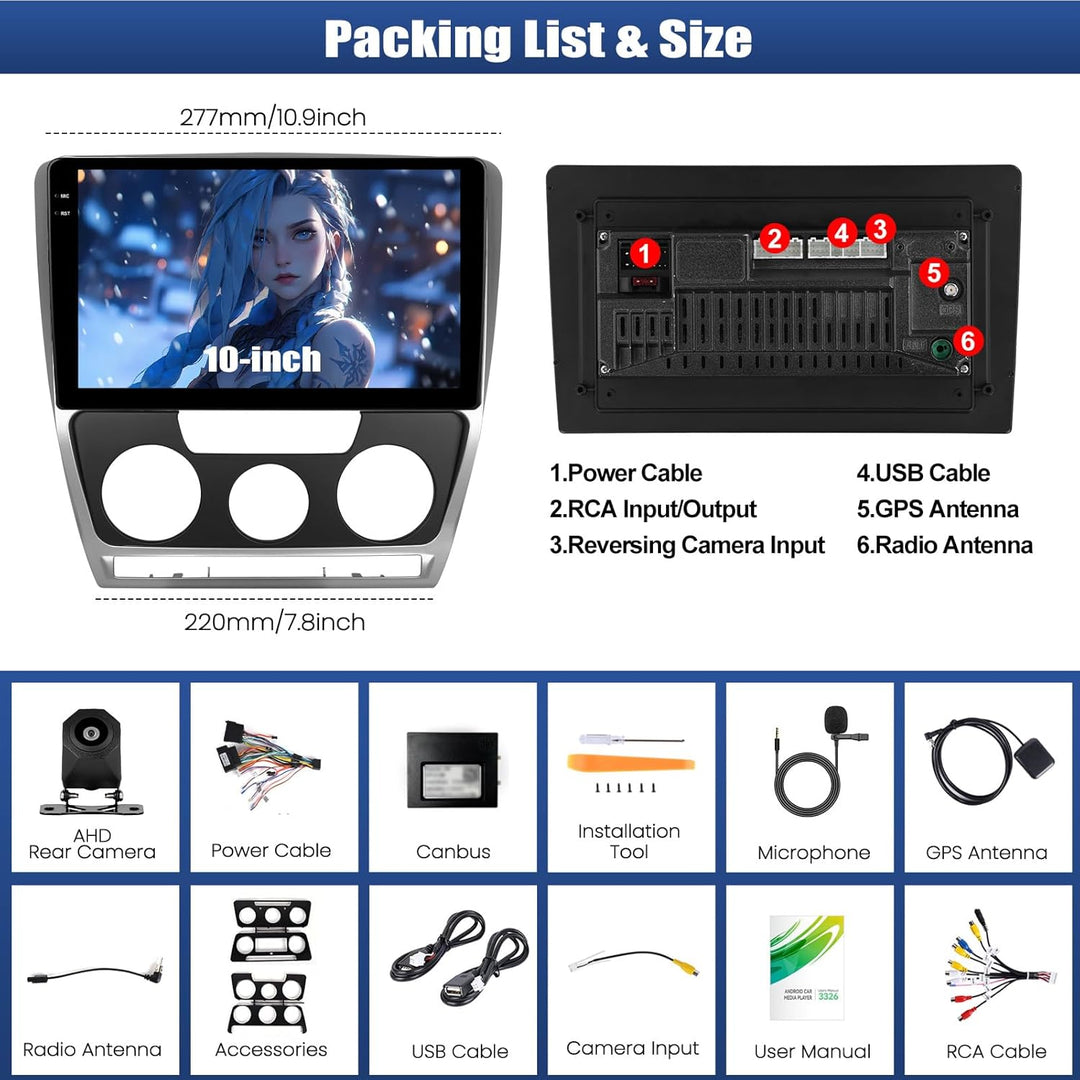 CAMECHO 4+128G 10 Zoll Android 15 Autoradio für VW Skoda Octavia 2007-2013 mit Rückfahrkamera, Incel