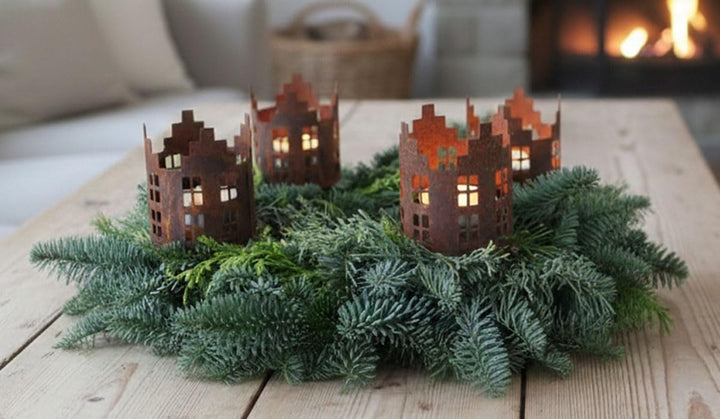 LB H&F 4er Set Adventskranzstecker HÄUSER Deko Kerzenhalter Advent Rost Metall Weihnachten KERZENSTE