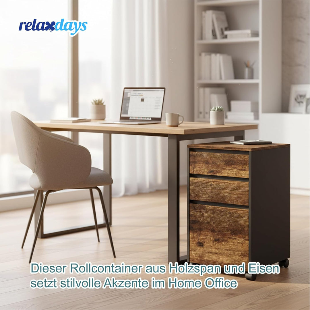 Relaxdays Rollcontainer, 3 Schubladen, Hängeregister, HxBxT: 70 x 40 x 40 cm, Aktenschrank auf Rolle