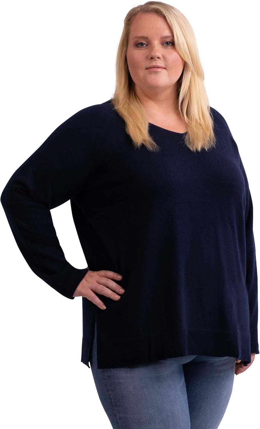 CASH-MERE.CH 100% Kaschmir Damen Pullover mit geradem Schnitt und Seitenschlitz in grossen Grössen |