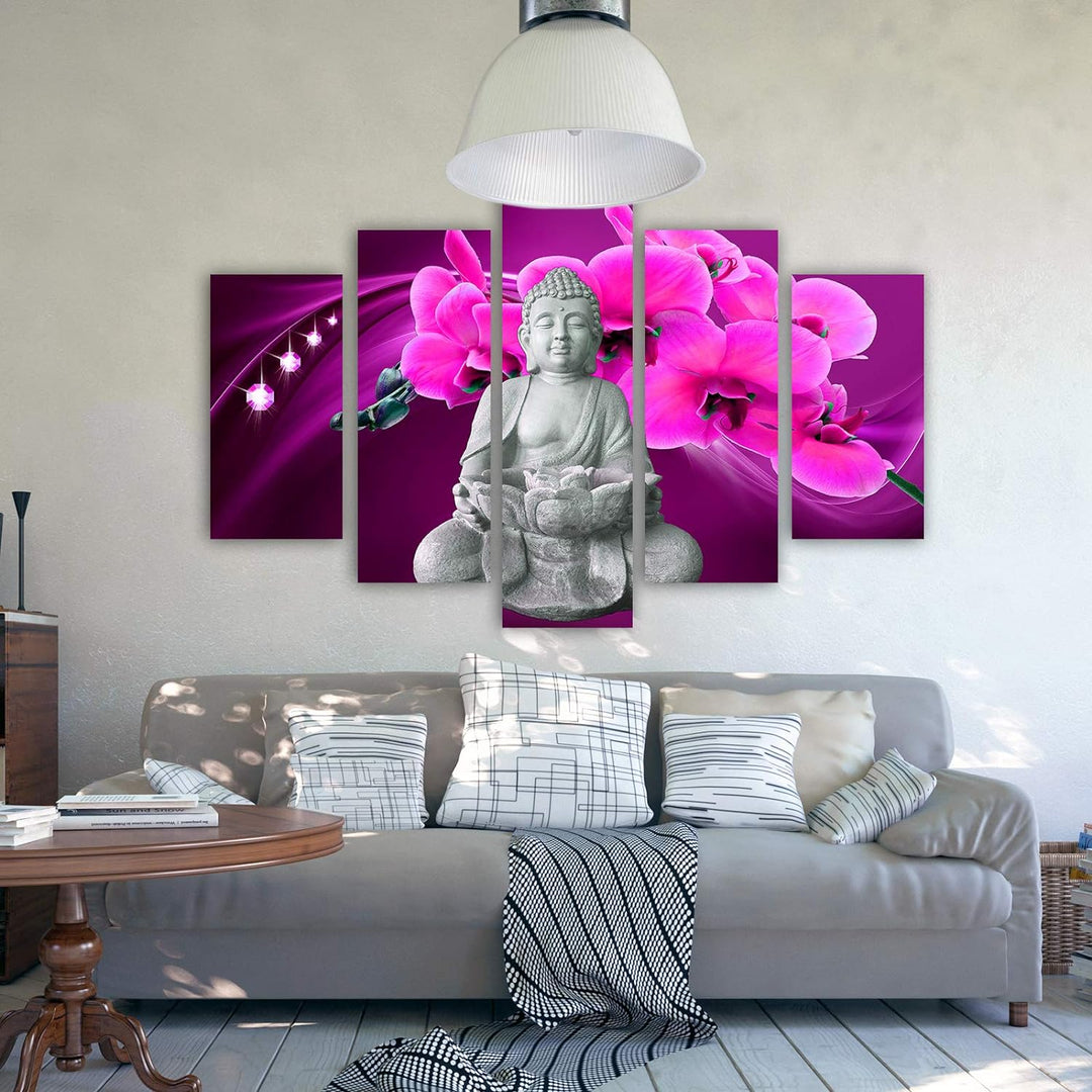 Feeby Bilder Buddha 200x100 cm Leinwandbild 5 Teilig XXL Kunstdruck modern Blumen rosa Leinwandbild