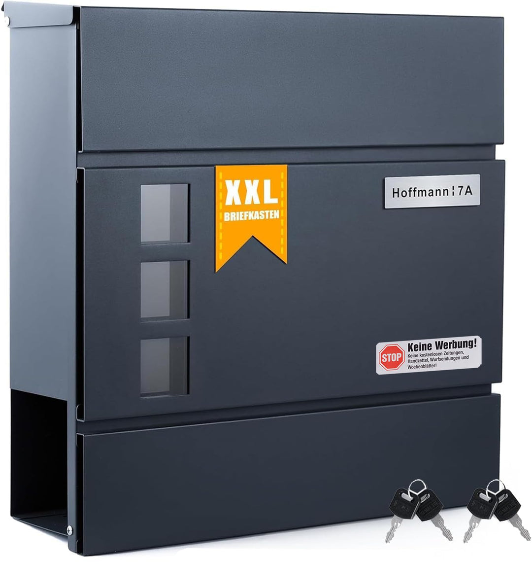 Zedelmaier XL Briefkasten personalisiert mit Edelstahl Namensschild Anthrazit Wandbriefkasten Postka