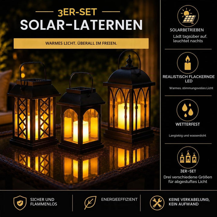 Festive Lights 3-er Set: Schwarze Solar Laternen mit LED Kerzen und täuschend echt wirkenden Flacker