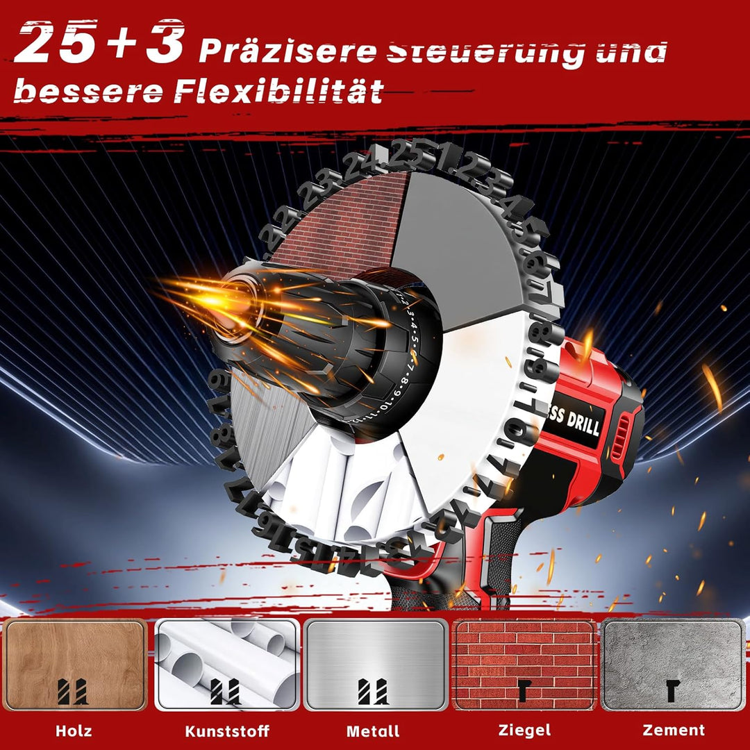 Olubfdh Akkuschrauber, 21V Akku Bohrschrauber 45Nm Drehmoment Max 25+3 Drehmomentstufen (2-Gang &amp; LE