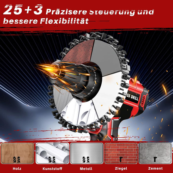 Olubfdh Akkuschrauber, 21V Akku Bohrschrauber 45Nm Drehmoment Max 25+3 Drehmomentstufen (2-Gang &amp; LE
