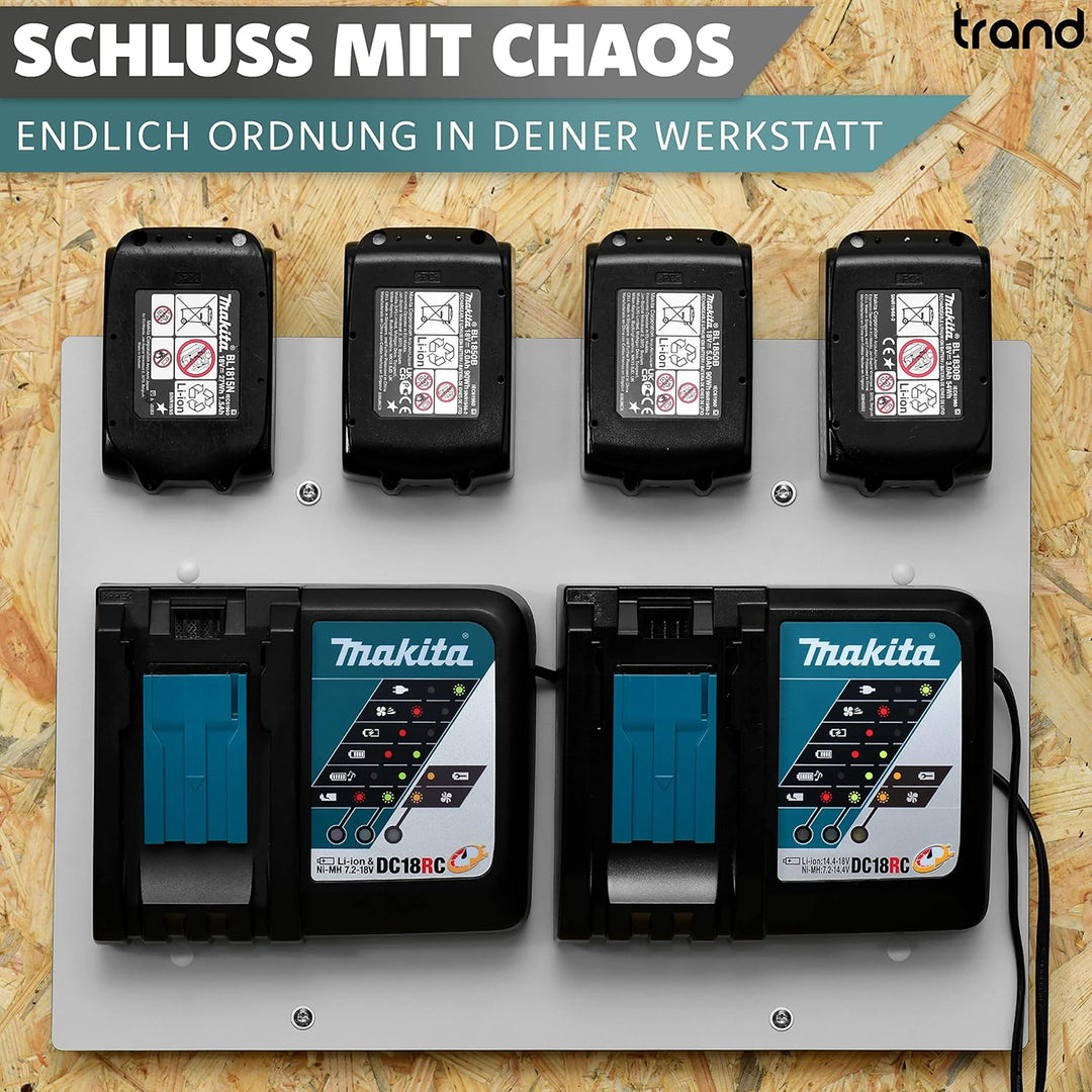 trand Wandhalterung für Makita Akkus und Ladegeräte | stabiler 4er Akkuhalter und Ladegeräthalter |