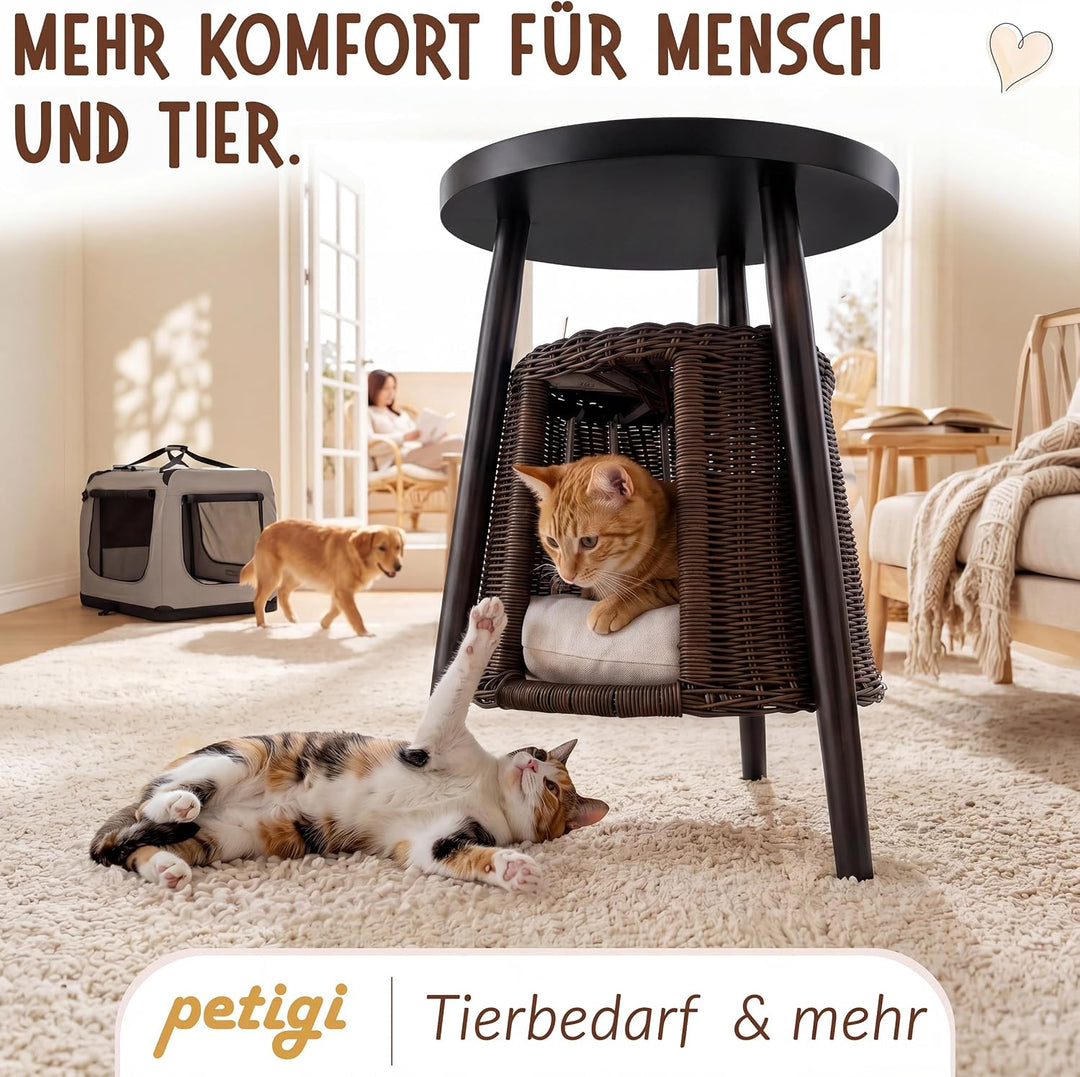 Petigi Katzentisch Beistelltisch Rattan Katzenhöhle Katzenbett Couchtisch | aus Holz und Rattan, Sch