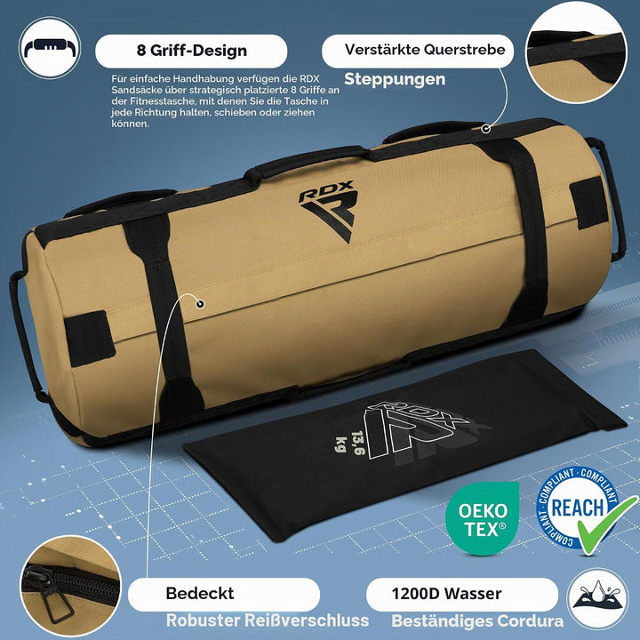 RDX Gewichtete Sporttasche für Krafttraining, Gewichtssack mit 8 Griffe, Gewicht Sandbag ungefüllten