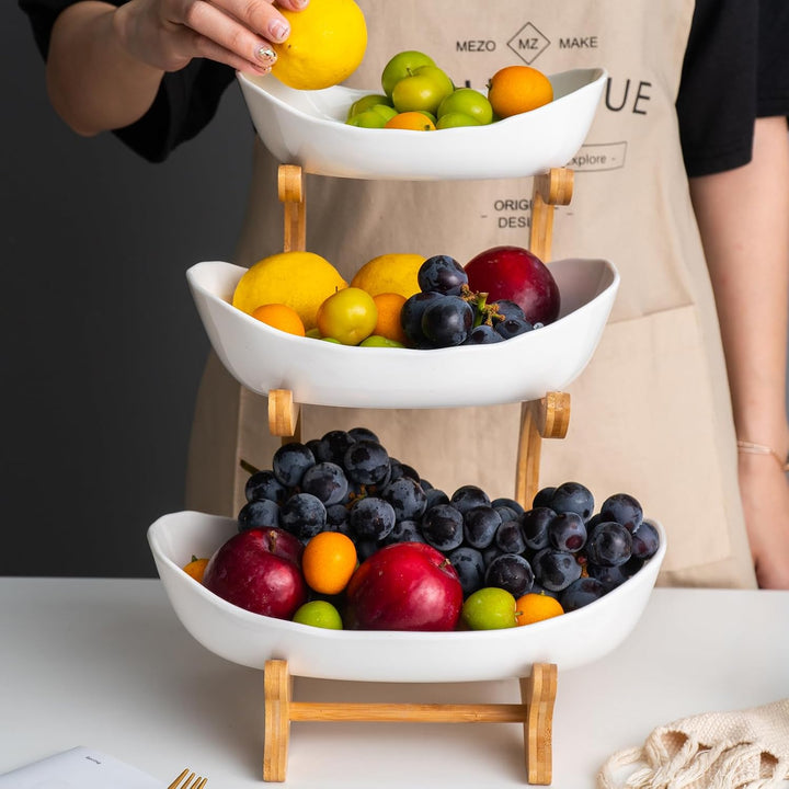 YYW 3-stöckige Keramik-Obstschale, Porzellan-Obstkorb, Obstständer, Aufbewahrungshalter mit Bambusho
