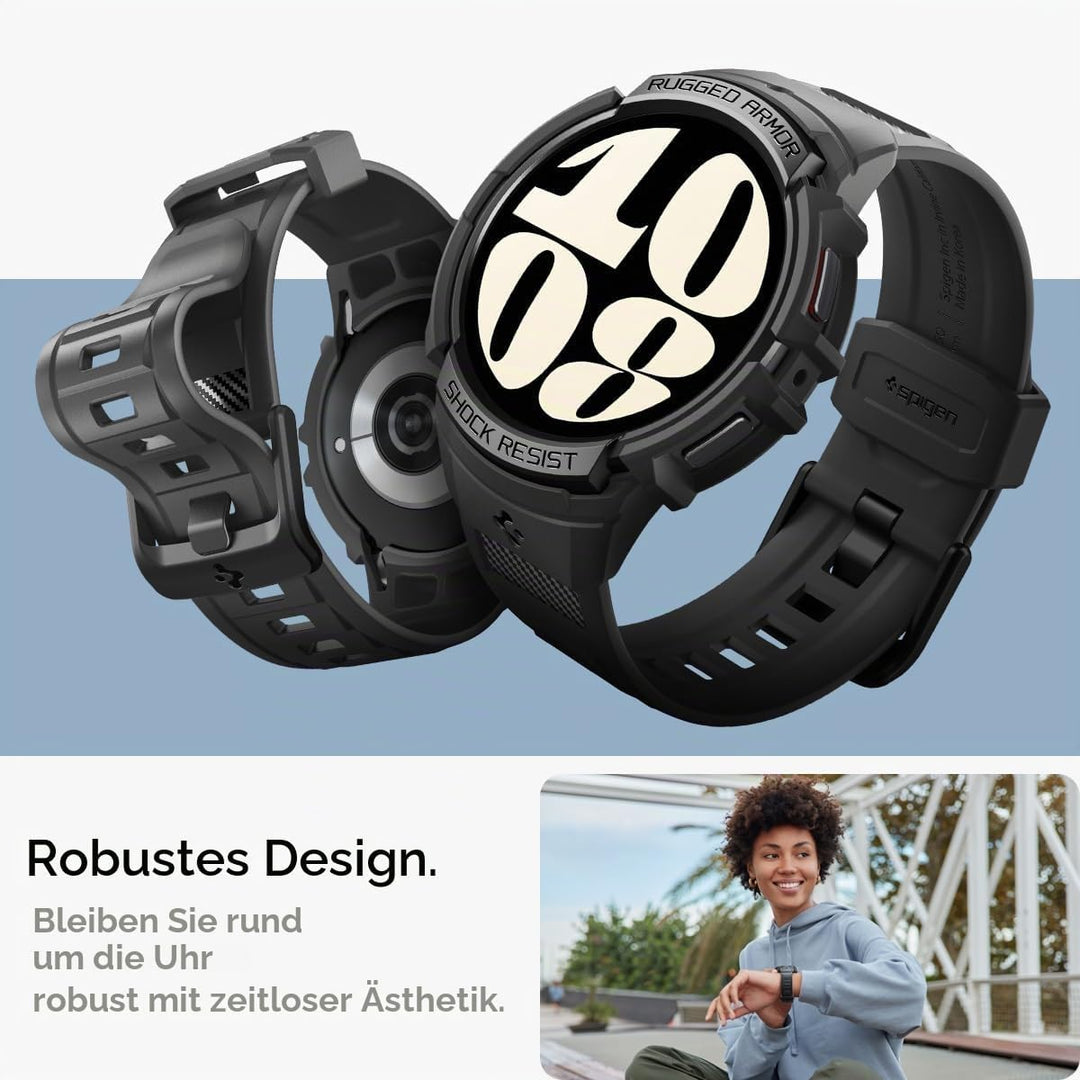 Spigen Rugged Armor Pro Hülle mit Armband Kompatibel mit Samsung Galaxy Watch 6 40mm 2023 - Schwarz