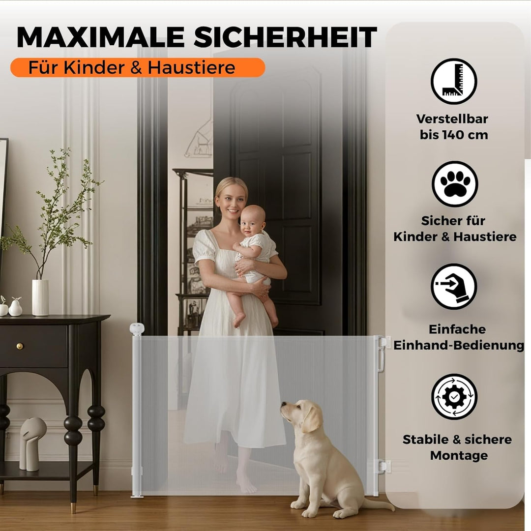 Allyson Treppenschutzgitter ausziehbar bis 140 cm, 86 cm hoch, Baby- und Haustier-Schutzgitter, Gerä