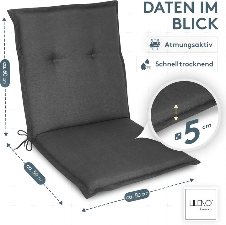 LILENO HOME Gartenstuhl Auflagen als [2er Set - Niedriglehner] in Uni Anthrazit (Tami) - Bequeme Lie