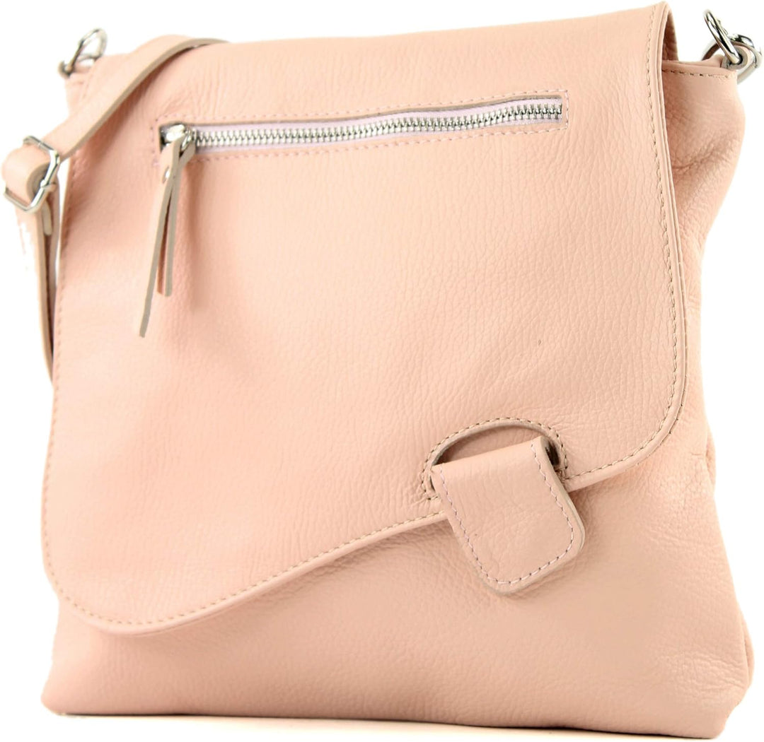 modamoda de - T146 - ital Messengertasche Umhängetasche aus Leder Pastellrosa, Pastellrosa