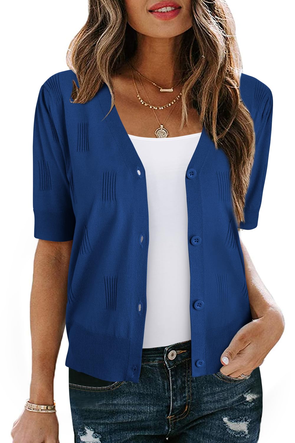 VOTEPRETTY Damen Strickjacke Sommer Kurzarm Cardigan V Ausschnitt Leichte Solid Top Elegant Bolero S