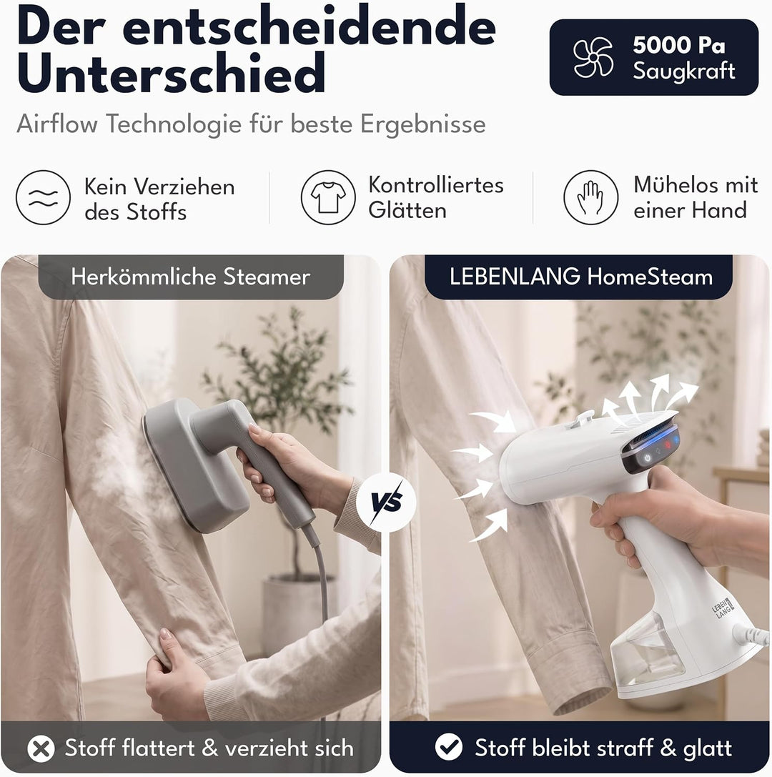 LEBENLANG 1400W Steamer Dampfglätter mit Saugfunktion - 5000pa &amp; 270ml Weiss, Weiss
