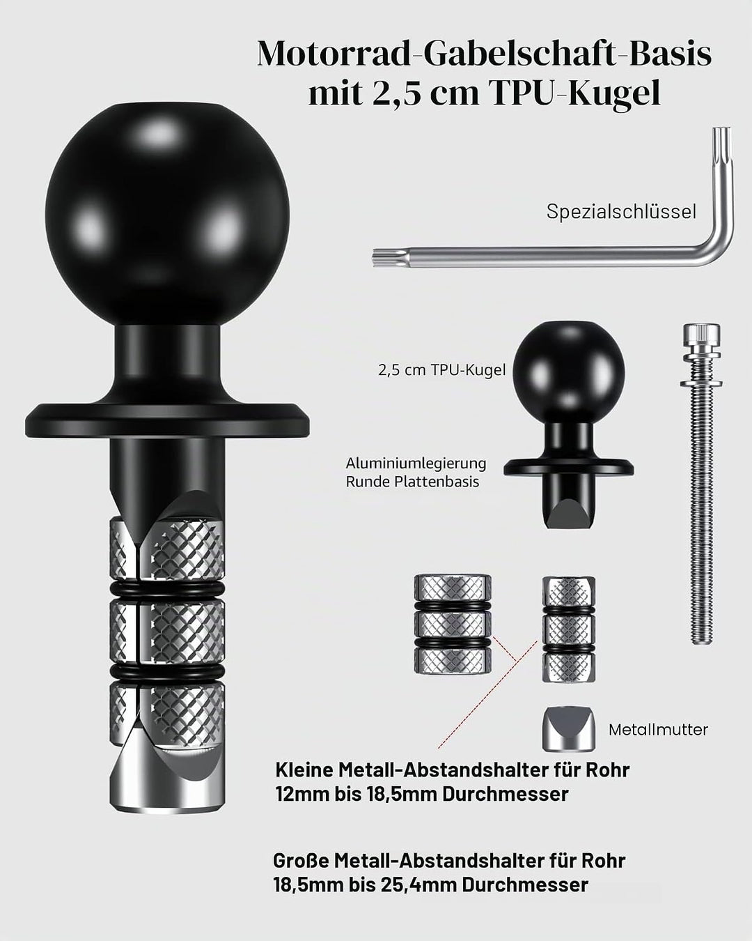 BRCOVAN Metall Motorrad-Gabelschaft-Kugelbasis mit 1 Zoll TPU Kugel Passend für Rohr Durchmesser 12