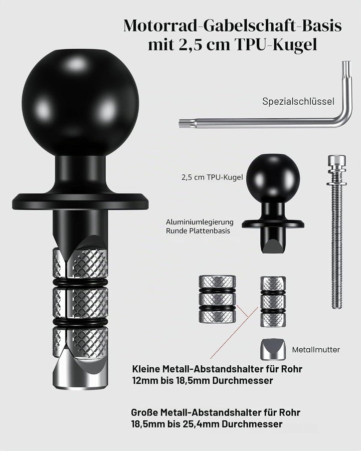 BRCOVAN Metall Motorrad-Gabelschaft-Kugelbasis mit 1 Zoll TPU Kugel Passend für Rohr Durchmesser 12