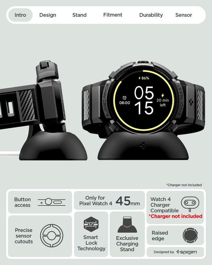 Spigen Rugged Armor Pro Hülle mit Band für Google Pixel Watch 4 45mm | TPU-Unibody-Hülle mit Armband