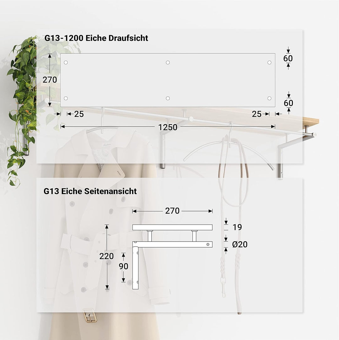 PHOS Design, G13-1200-Eiche, 120 cm breite Edelstahl-Wandgarderobe mit Kleiderstange und Eichenholza