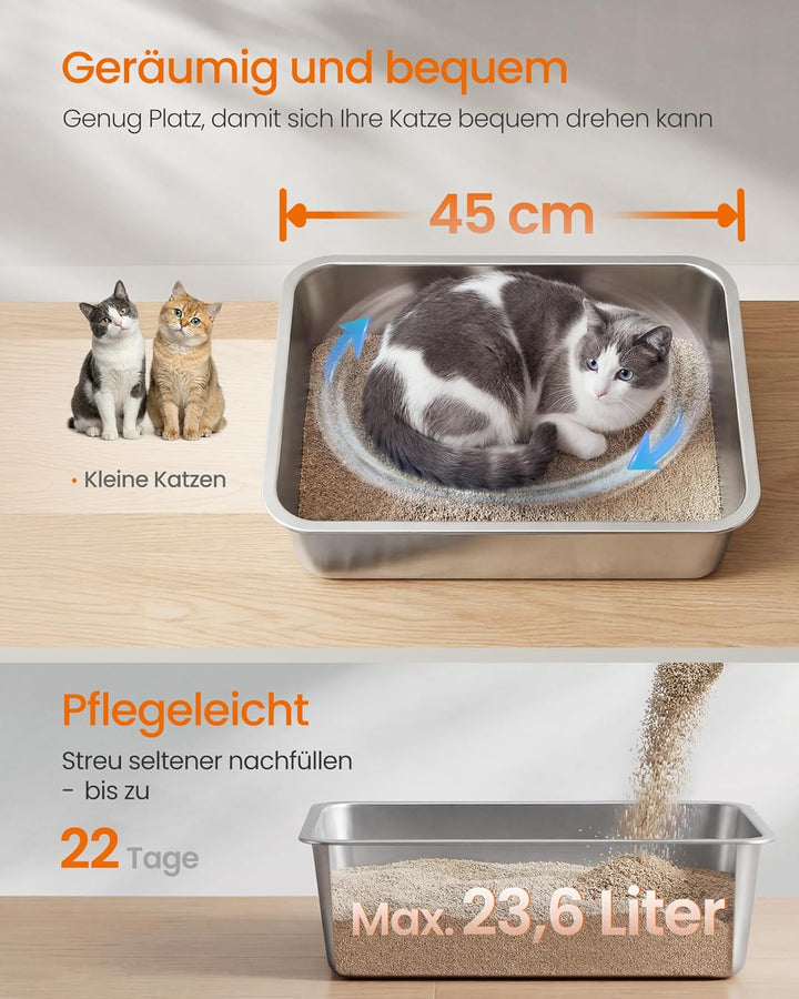 Feandrea Katzenklo Edelstahl, Katzentoilette offen, mit Schaufel, antihaftbeschichtet, geruchsfrei,