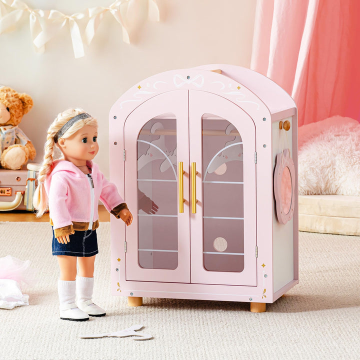 ROBOTIME Holz Puppenschrank für 43-45cm Puppen, Kleiderschrank mit Spiegel & Kleiderbügel, Holz Pupp