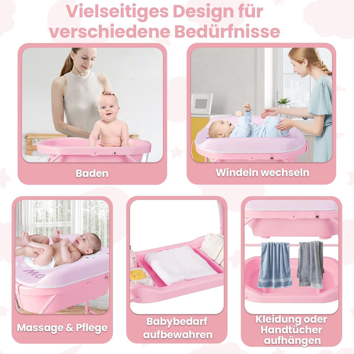 COSTWAY 4 in 1 Wickeltisch klappbar mit Badewanne, tragbare Wickelkommode mit Wickelauflage, mobile