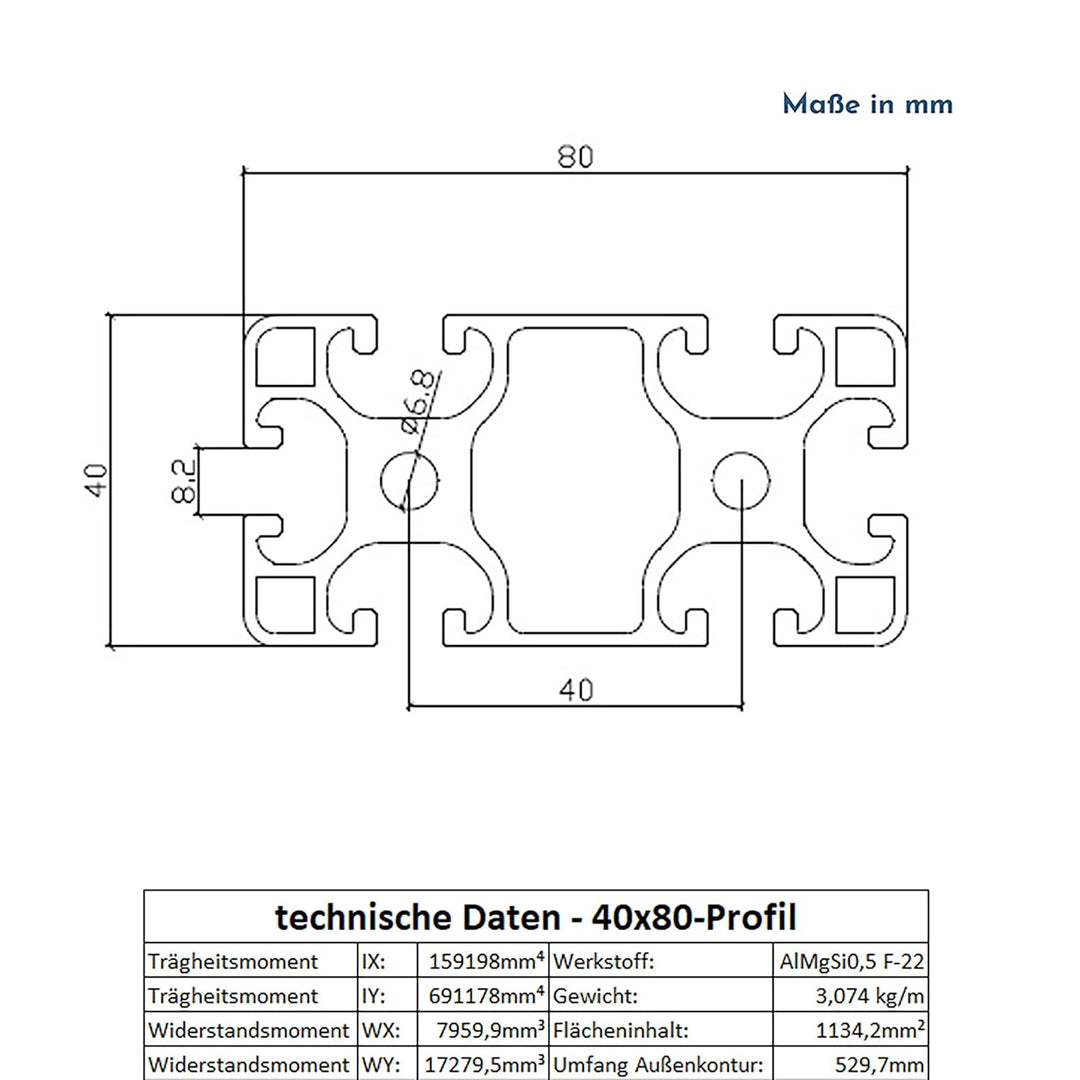 Alu Profil 40x80mm System-, Montage-, Konstruktionsprofil Nut 8 600mm, 600