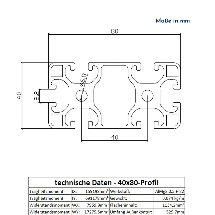 Alu Profil 40x80mm System-, Montage-, Konstruktionsprofil Nut 8 600mm, 600