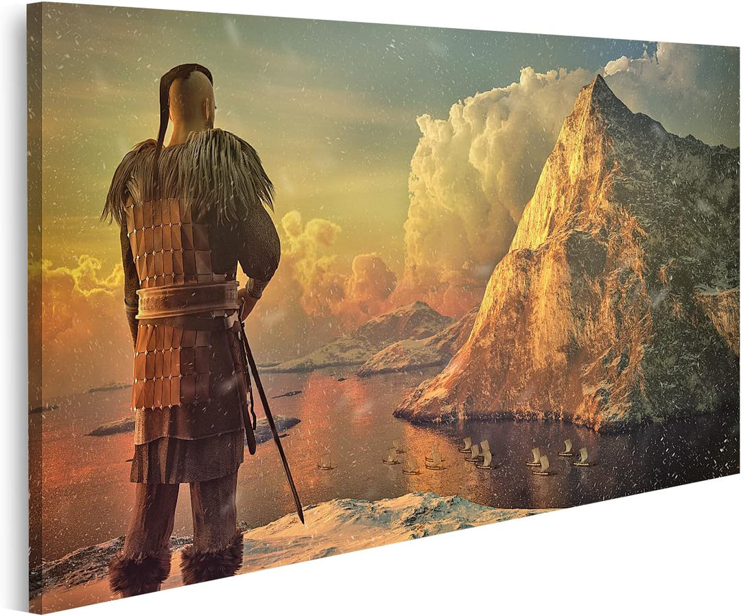 islandburner Bild auf Leinwand Wikinger Krieger Meer Schnee Berg Bilder Wandbilder Poster, 80L x 40B