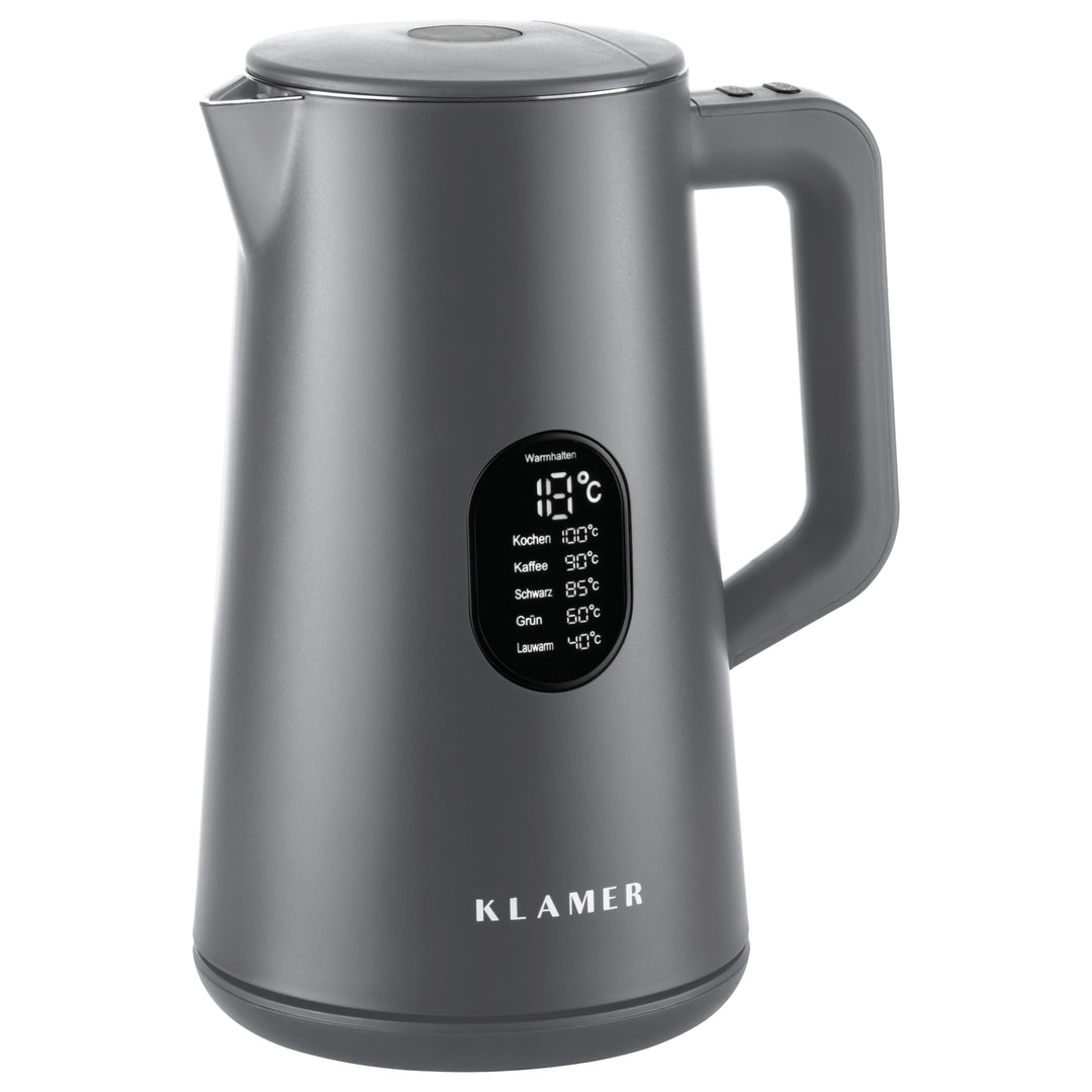 KLAMER Wasserkocher Edelstahl 1,5L 1800W elektrischer Wasserkocher grau mit Temperatureinstellung zw