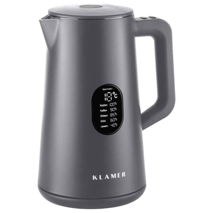 KLAMER Wasserkocher Edelstahl 1,5L 1800W elektrischer Wasserkocher grau mit Temperatureinstellung zw