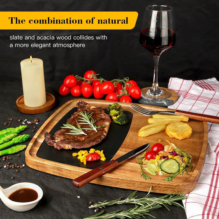 Servierbrett Set aus Akazienholz & Schieferplatte, Steakbrett Holz Schiefer Serviertablett, Servierp