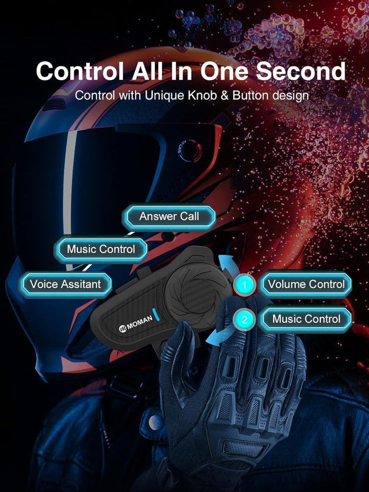 Moman Motorrad Intercom Headset, H2 Pro【1 Pack Carbonfaser】 Motorradhelm Gegensprechanlage Wireless
